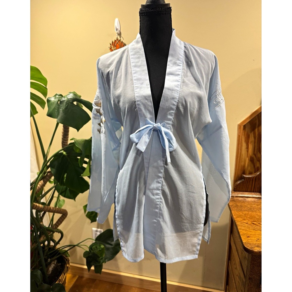 Vintage Blue Kimono blouse Robe V-Neck Tie Embroidered Bird Long Sleeve Women S